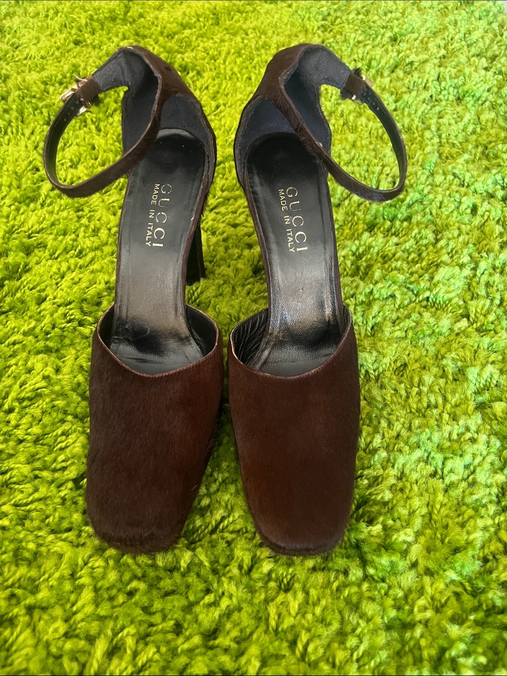 Gucci Brown Pony-Hair Square-Toe Ankle-Strap Heels